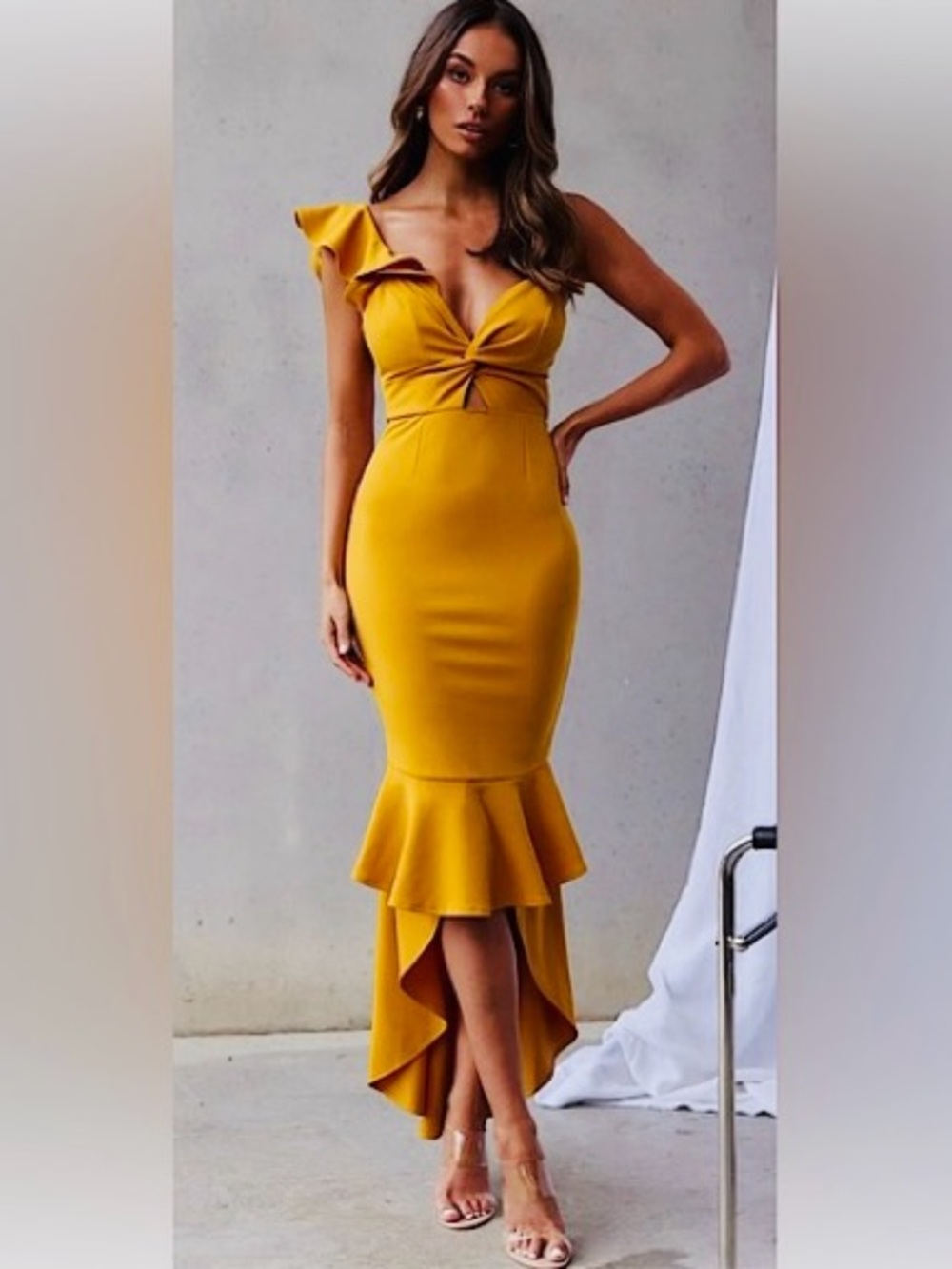 One-Shoulder Asymmetrical Ruffle Dress in Mustard